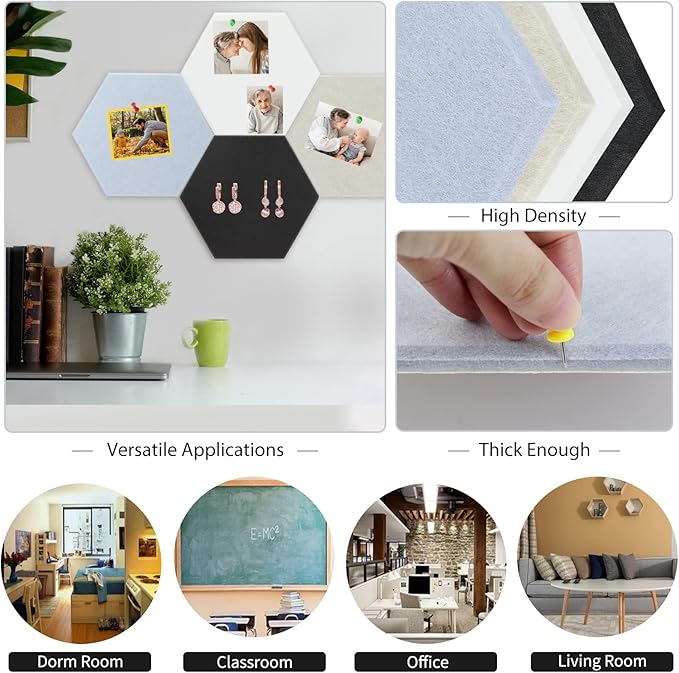 BXI Hexagon Felt Bulletin Board - 14.2 X 12.3 X 3/8 Inches 6 Pcs Self-Adhesive Poster Cork Board with 30 Push Pins, Thick Pin Tiles Display Vision Board, Photo Picture Panels for Home Office Classroom