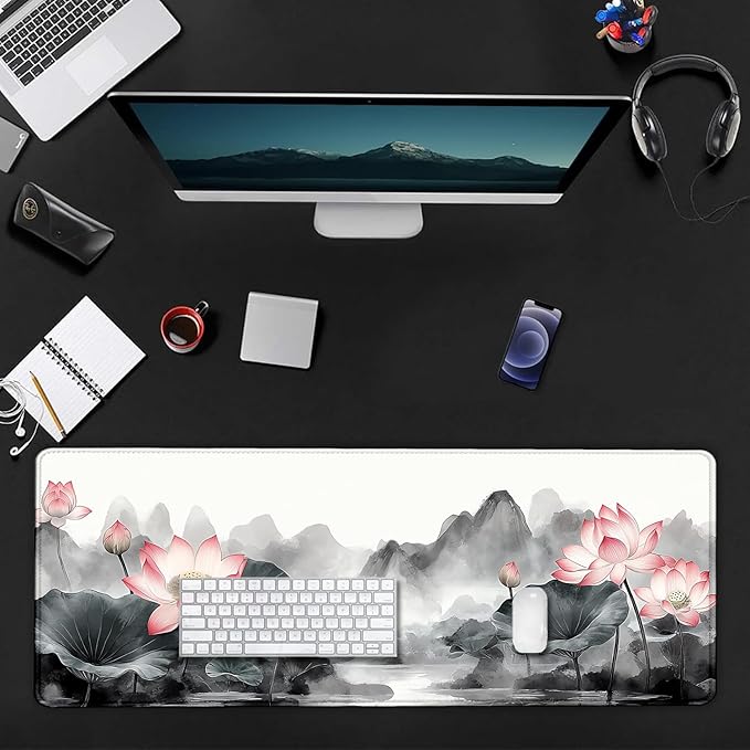Vintage Lotus Mountain Japanese Large Mouse Pad, Desk Mat Computer Keyboard Pad Non-Slip Rubber Base Waterproof with Stitched Edges for Laptop Gaming, Office & Home 31.5 x 11.8 Inch