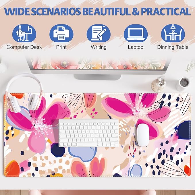 Desk Pad Mouse Pad, Large Gaming Mouse Mat with Stitched Edges, Non-Slip Waterproof Rubber Base Mous Mat for Office Computer Keyboard Laptop Home Decor Women (35.4X17.5 in), Apricot Magenta Flower