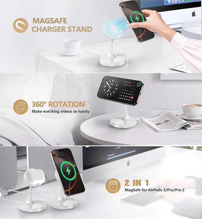 Magnetic Wireless Charger iPhone Stand, 15W Fast Mag-Safe Charger iPhone 17/17 Air/17 Pro/17 Pro Max 16/15/14/13/12 Series Magnet Wireless Charging Station/Pad/AirPods for Home, Office, Travel
