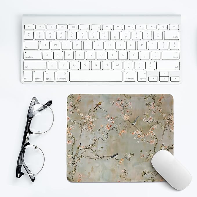Cherry Blossom Mouse Pad,Chinoiserie Birds and Flowers Desk Mat,Elegant Botanical Mouse Pad,Vintage Floral Girly Desk Mat for Dorm Home Office Decor,10.2x8.3 Inch