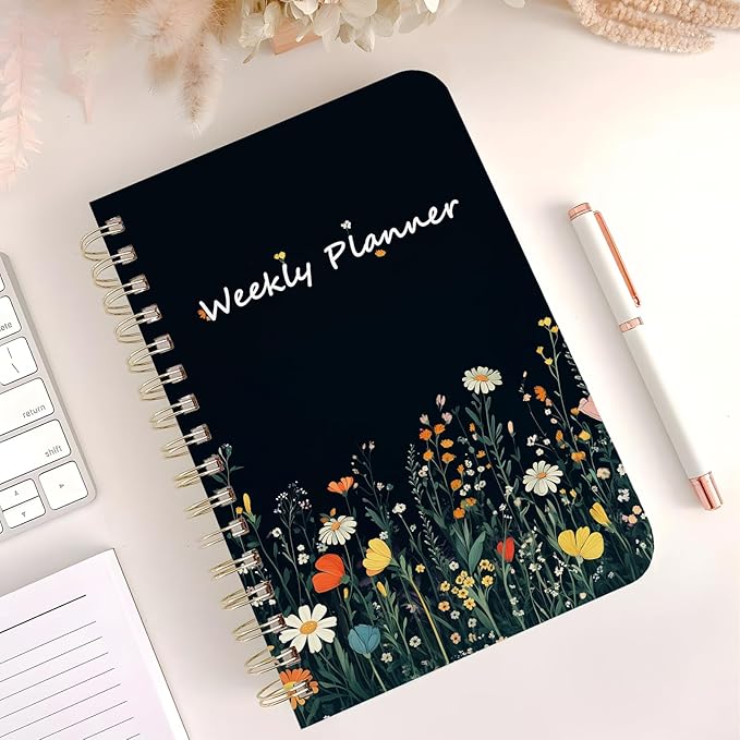 Weekly Planner Undated - 52 Weeks To Do List Notebook A5 for Work: Weekly Task, Habit Tracker Journal, Goal Setting, Agenda Sprial Bound Organizer Book Women Cute Stylish Design, Black Flower