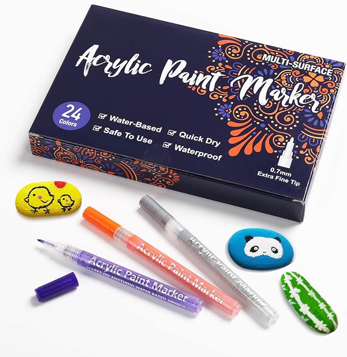 24 Colors Extra Fine Tip Paint Pens Paint Markers, Premium Acrylic Paint Pens For Rock Painting, Canvas, Wood, Glass, Ceramic, Fabric, Acrylic Paint Markers Set for Painting Supplies, Craft Supplies