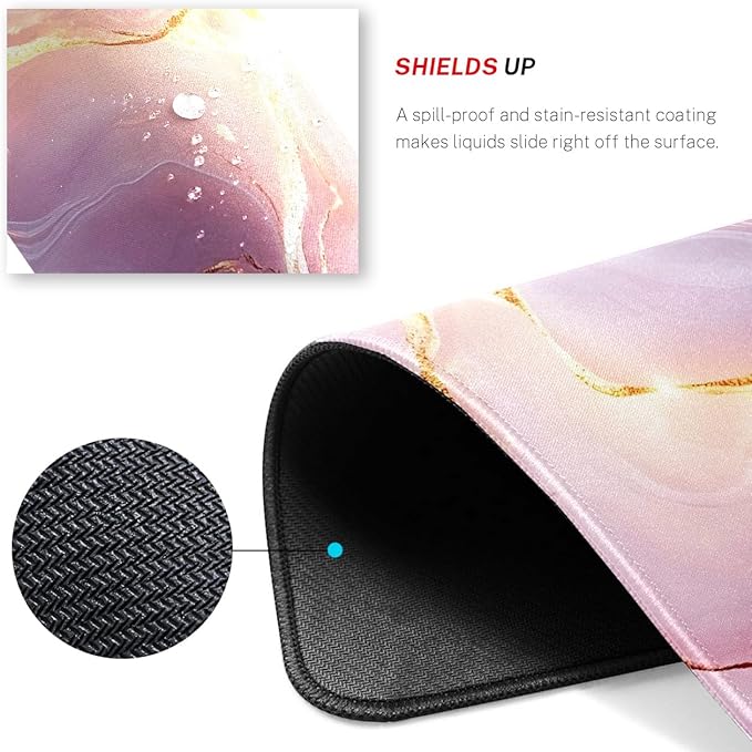Pink Marble Desk Pad Mat with Stitched Edges and Non-Slip Rubber Base, Premium-Textured Mouse Pad for Laptop, Computer & PC, Gaming & Working, Waterproof Mousepad