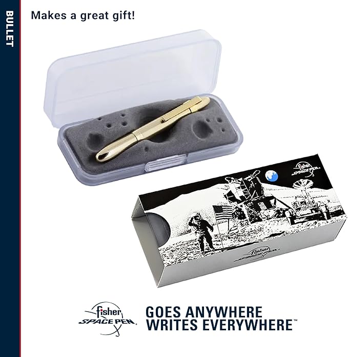 Fisher Space Pen Bullet Space Pen, Lacquered Brass Pressurized Ballpoint Pen, Compact Size, Writes Upside Down, Extreme Temperatures, Smooth Black Ink, Medium Point, Pocket Clip, Gift Box, Made in USA