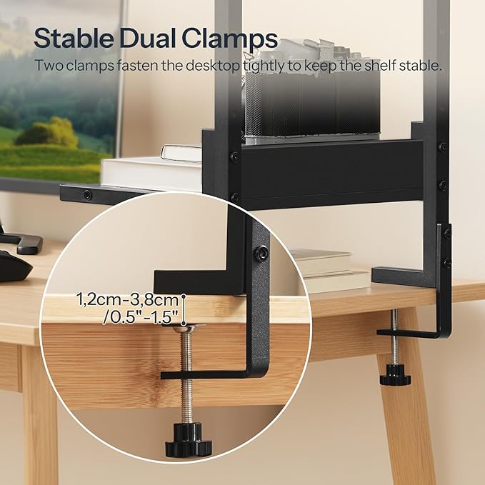 HOOBRO Clamp On Desk Shelf, 2-Tier Desktop Organizer, Space-Saving Desk Shelf with Adjustable Shelves, for Office, Study, Entertainment Accessories, Black BK32SJ01