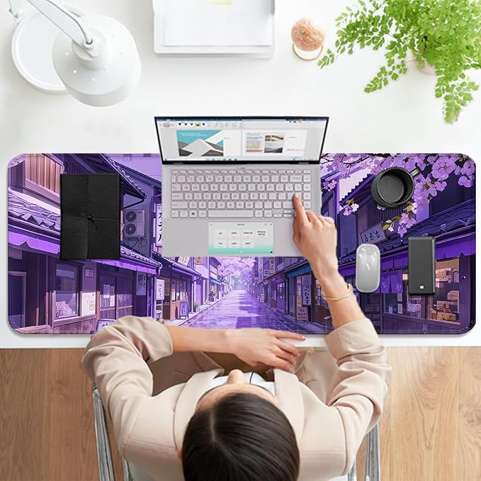 Japanese Anime Purple Cherry Blossom Street XL Large Desk Mat, Extended Long Desk Pad for Gaming and Office, Non-Slip Rubber Base, Comfortable Surface Mouse Pad, 31.5x11.8 in (H16)