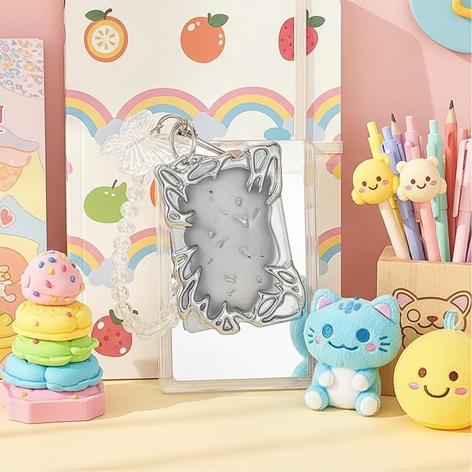 Electroplate Plastics Frame Photocard Holder Keychain Silver Plating Irregular Card Holder Keychain ID Badge Holders Photo Display Holders for Student Case Stationery Office Supplies