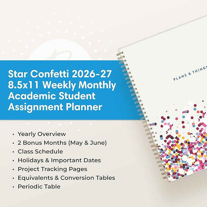 Blue Sky 2026-2027 Weekly and Monthly Academic Year Student Planner Calendar, July 2026 - June 2027, 8.5" x 11", Flexible Cover, Wirebound, Laminated Tabs, Storage Pocket, Star Confetti Bright