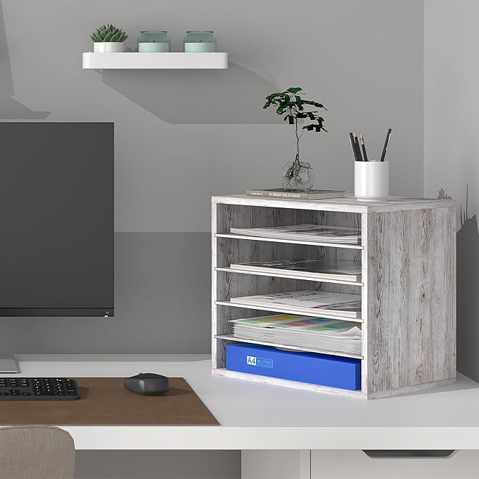 Mail Sorter Organizer, Letter Size Wood Desktop File Organizer, Sturdy Paper Storage Office Supplies with Adjustable Shevles for Office,5 Compartments Whitewashed