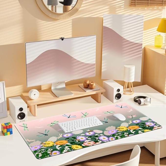 Pink Green Desk Pad Mouse Pad, Large Gaming Mouse Mat with Stitched Edges, Non-Slip Waterproof Rubber Base Mous Mat for Women Office Computer Keyboard Laptop Home (35.4X17.5 in), Floral & Dragonfly