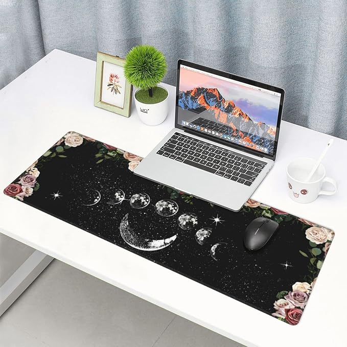 Pale Roses Moon Phase Witchy Tarot Black XXL XL Large Gaming Mouse Pad for Desk, Non-Slip Long Extended Keyboard Pads Mousepad Rubber Table Mat 31.5 X 11.8 Inch