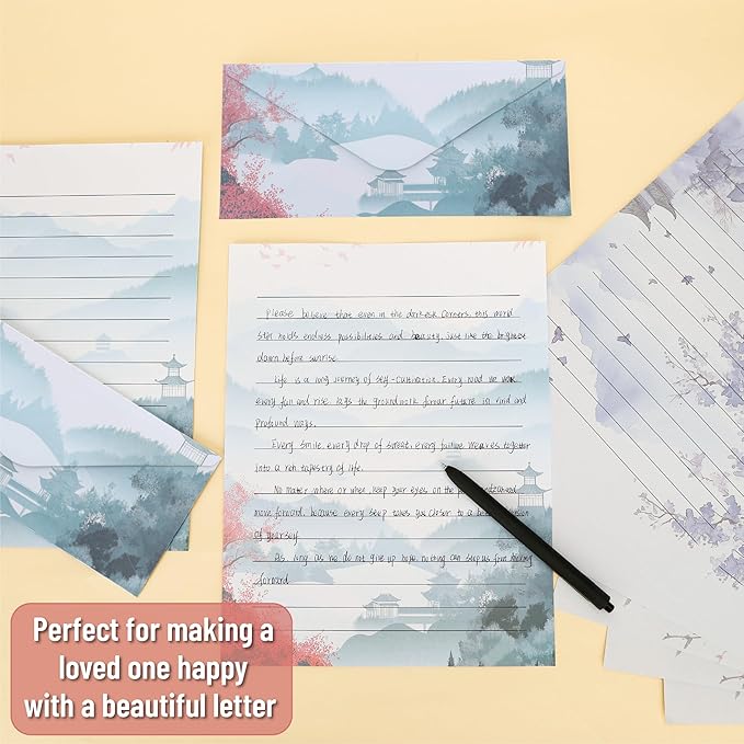 Mr. Pen- Stationery Writing Paper with Envelopes, 8.5 x 11 Inch, 160 Pack(50 Letter Writing Paper with 50 Envelopes and 60 Round Dot Sticker) Cherry Blossoms Cute Stationary Set with 10 Design