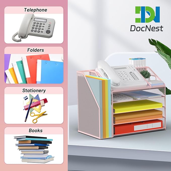 DocNest 5 Tier Paper Letter Tray File Organizer, Mesh Desk File with Handle, Workspace Desk Organizers with Pen Holder, Office Organization Storage Accessories - Pink
