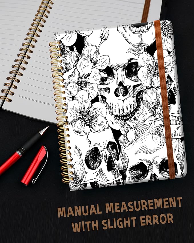 Ruled Spiral Writing Notebook,A5 Hardcover Lined College Journal for Women Lady,Fashion Puppy Watercolor Strong Twin-Wire Binding with Premium Paper,8.4" X 6",Perfect for School,Office,Home Gifts(Cool Skull Flower)