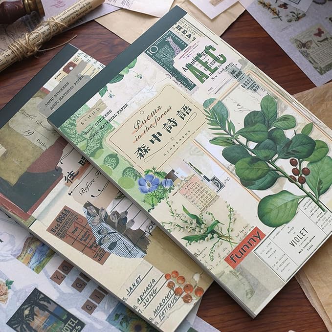Vintage Washi Stickers for Scrapbooking, Aesthetic Sticker Book for Journaling with 30 Sheets Scrapbook Stickers and 20 Sheets Scrapbook Papers for Bullet Junk Journals Set for Adults with Tweezers