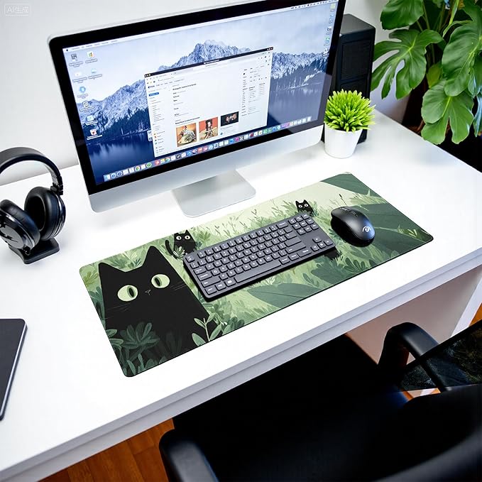 Black Cat Gaming Mouse Pad Large Desk Mat Extended Keyboard Mouse Pad Anime Mousepad with Non-Slip Base and Stitched Edge Mouse Mat Desk Pad 31.5 x 11.8 Mouse Pads for Desk Home Office Gaming