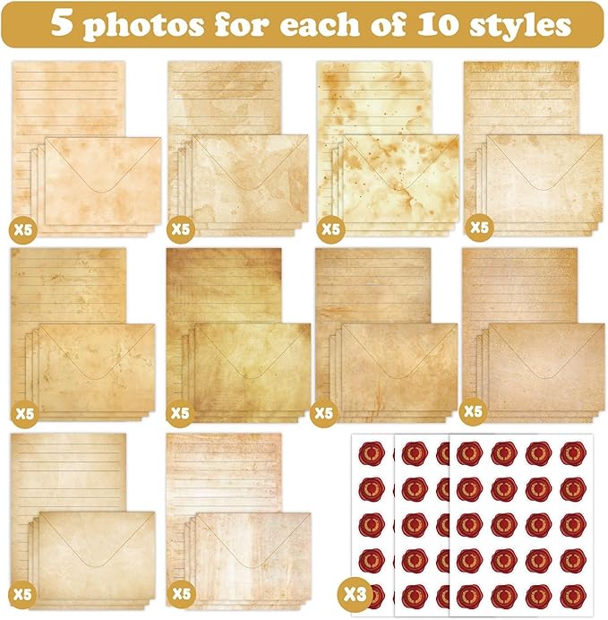 160 Packs Stationery Paper Set (50 Single-Sided Stationery Writing Papers 50 Matching Envelopes) 60 Round Dot Sticker, 10 Design Vintage Airmail Stationary Kit Letter Paper,5.5 x 8.25 Inch.