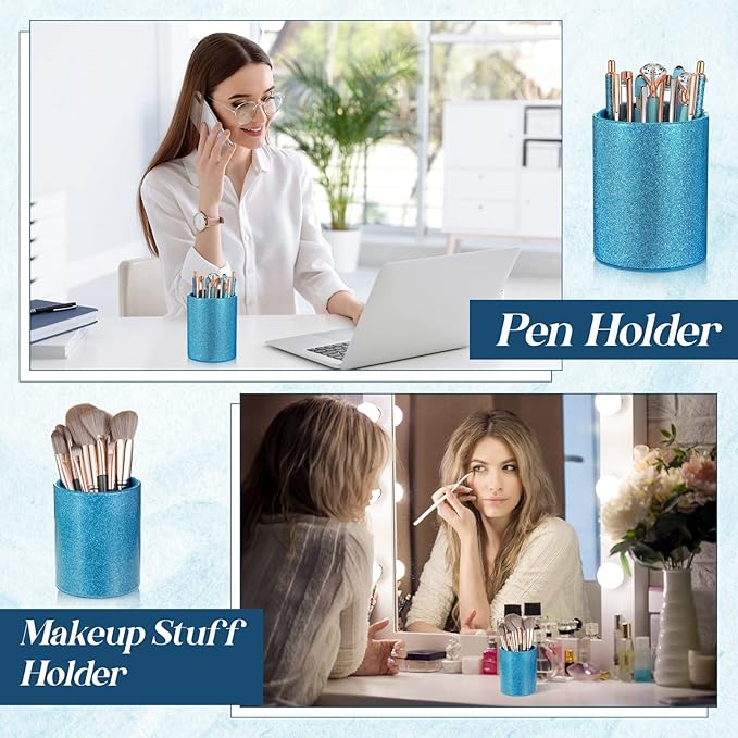 Sabary 8 Pcs Blue Pens with Pen Holder for Desk Glitter Crystal Diamond Cute Ballpoint Fancy Pencil Holder Bling Desk Organizer for Women Girls Gifts School Office Wedding Supplies
