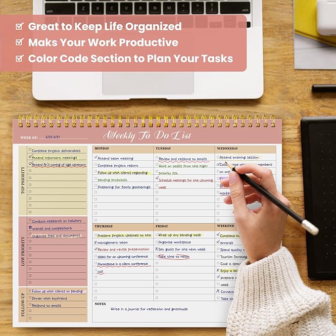 Weekly To Do List Notepad with 52 Undated Sheets(8.5"×11")6 Pack - Undated Weekly Planner Notepad for Office Desk Accessories and Supplies - Sunshine Petal