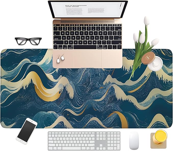 Ocean Waves Extended Gaming Mouse Pad 35.4 x 15.7 Inch – Large Desk Mat for Gaming, Office, and Home Use, with Non-Slip Rubber Base and Smooth Cloth Surface
