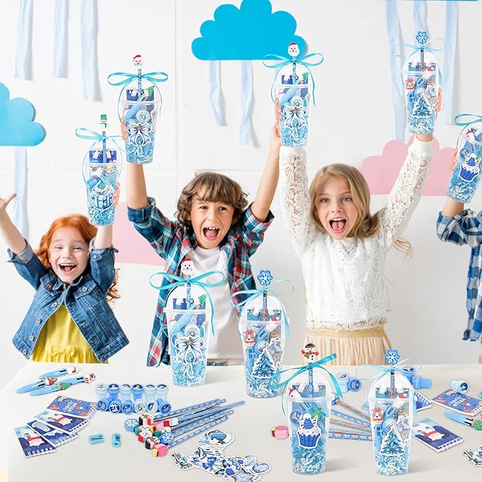 LiYiQ 247 Pcs Winter Party Favors Return Gifts for Party, Student Stationery Gifts from Teacher, Pencil Erasers Notebooks Stickers for Classroom Birthday Goodie Bags Rewards Prizes