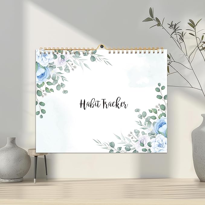 Habit Tracker Calendar - 12 Months Undated Daily Weekly & Monthly Period Habit Tracker Journal, Greenery Floral, Spiral Binding & Hanger, 7.8"x10"