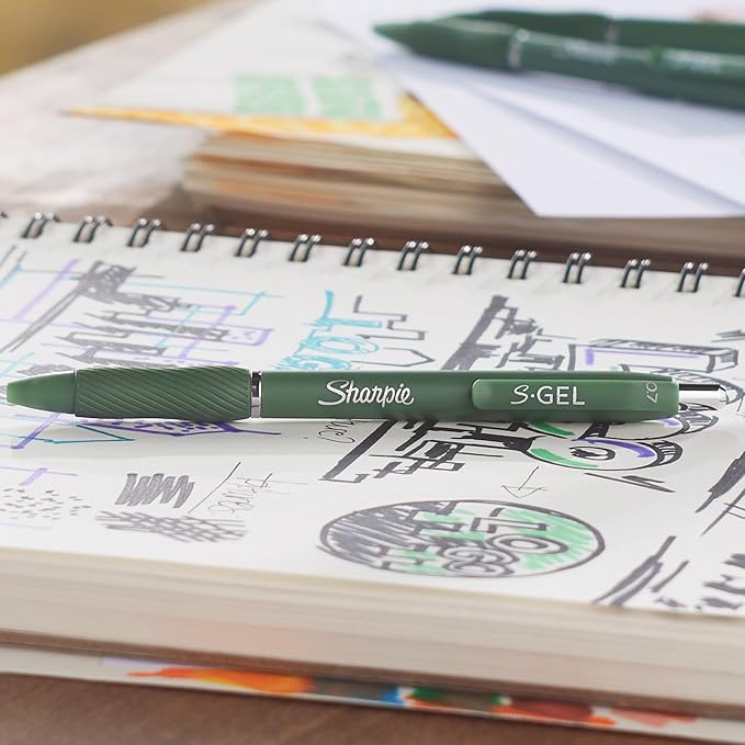 Sharpie S-Gel, Gel Pens, Medium Point (0.7mm), Forest Green Barrel, Black Ink, 12 Count