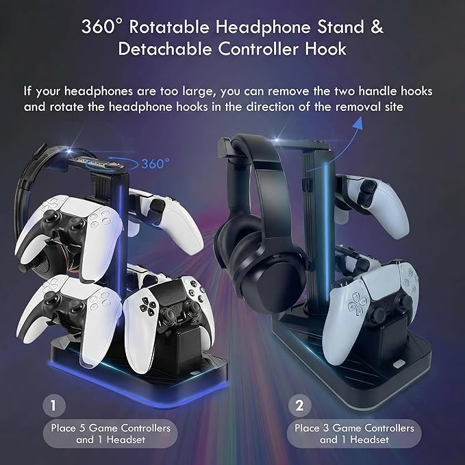 PS5 Controller Charger with Headphone Stand, RGB PS5 Controller Charging Station Dock with 3 USB Ports, Headset and Controllers Holder Stand for PlayStation 5 & DualSense Edge Controllers