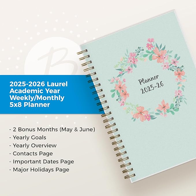 Blue Sky Weekly and Monthly Academic Year Planner Calendar, July - June, Flexible Cover, Wirebound, Laminated Tabs, Laurel (Laurel- 2025/2026, 5" x 8")