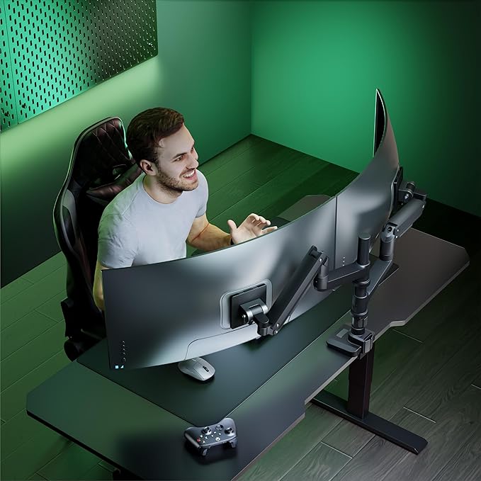 WALI Vertical Dual Monitor Stand for 17''-49'' Curved Screens, Ultrawide Dual Monitor Arms up to 44lbs, Stacked Monitor Mount for 2 Monitors, Heavy Duty Adjustable Gas Spring Arm (GSDM002N-P), Black