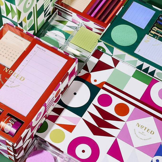 Noted by Post-it Printed Notes Gift Box, 5 Piece Set, Warm Colors, Includes Round Sticky Notes, Habit Tracker Sticky Notes, Weekly Sticky Notes, 3-Pack Pens, 3-Pack Washi Tape (NTD-Box-LRD)