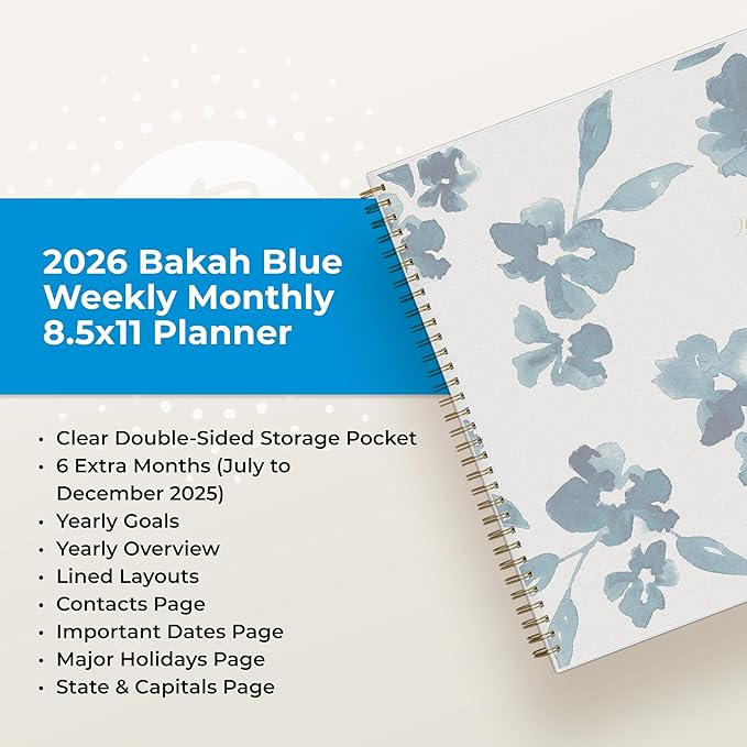 Blue Sky 2026 Weekly and Monthly Planner Calendar, January 2026 - December 2026, 8.5" x 11", Flexible Cover, Laminated Tabs, Durable Twin Wire Binding, Storage Pocket, Bakah Blue