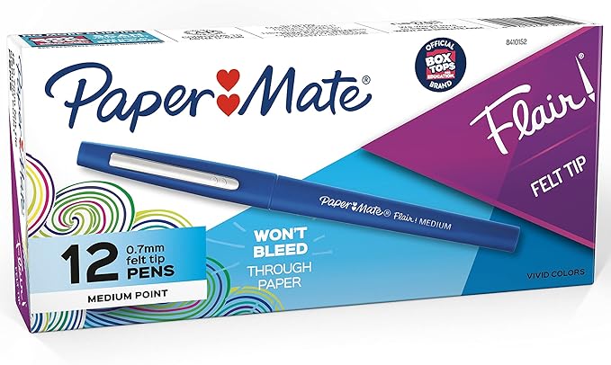 Paper Mate Flair Felt Tip Pens, Medium Point (0.7mm), Blue, 12 Count - Teacher Supplies, Arts & Crafts, Back to School