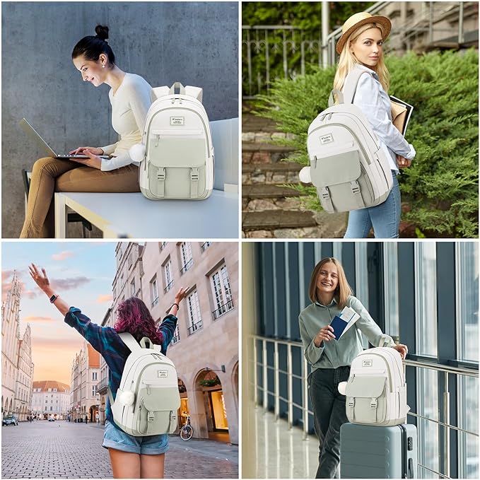 School Backpack for Teen Girls, Cute College Backpacks for Women Students Aesthetic Bookbag Large 15.6 Inch Laptop Bag Middle School Travel Back Pack (Green Beige)