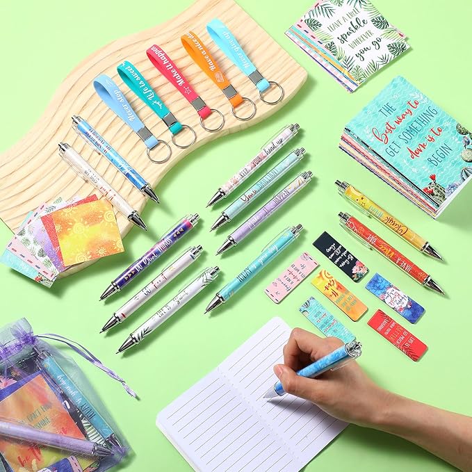 Pasimy 218 Pcs Inspirational Stationery Gifts Motivational Mini Notepad Pen Quote Bookmarks Stress Relief Stickers Inspiring Silicone Keychains for Home Office Appreciation Gift(Plant)
