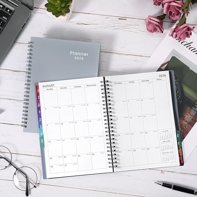 2026 Planner - Planner 2026 with Weekly & Monthly Spreads, Jan 2026 - Dec 2026, 6.25" × 8.3", Strong Twin-Wire Binding, Round Corner, Flexible Cover, Monthly Tabs - Grey