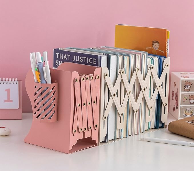 Kingsmile Book Ends, Adjustable Bookends for Shelves, Metal Bookends for Heavy Books, Book Stopper Organzier with Pen Holder for Desk, Kids Room, Office, Classroom, Library, Study Room.(Light Beige)