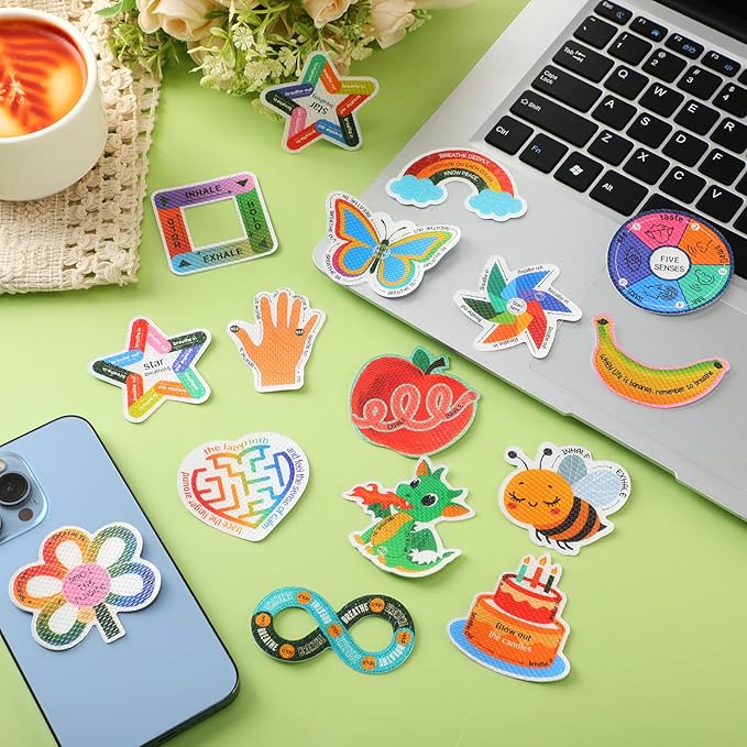 144 Pcs Calm Anxiety Sensory Stickers Textured Sensory Strips Stickers Mindfulness Relief Mental Health Rainbow Apple Animals Anxiety Relief for Adults Office Desk Supply