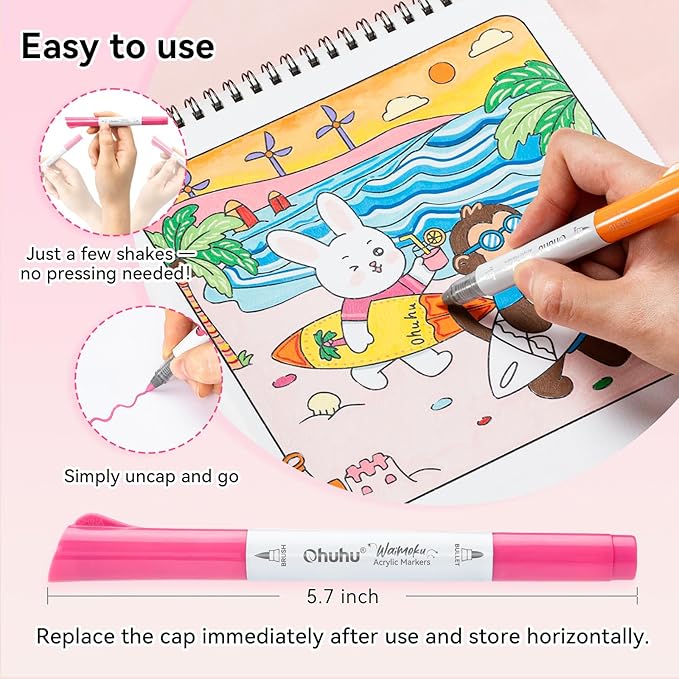 Ohuhu Acrylic Paint Markers Dual Tips: 24 Colors Brush & Bullet Automatic Ink Control Acrylic Markers High Opacity Paint Pens Waterproof for Rock Painting 3D Prints Egg Wood DIY Craft - Waimoku