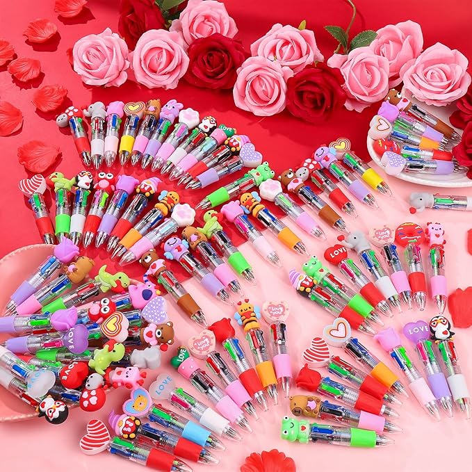 CZWZ 120Pcs Mini Multicolor Pen in One 4-in-1 Cute Pens Bulk, Ballpoint Pens for Birthdays and Parties, Fun Pens Gifts Assorted Ink Kawaii Pen(Valentine)