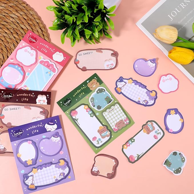 4 Pack Sticky Notes Kawaii Animal Posted Notes Set 240 Sheets Animals Shape Markers Flags Self-Stick Memo Pads Kawaii Small Self-Stick Note Pad for Office Roommates Home Kids Students (Set 2)