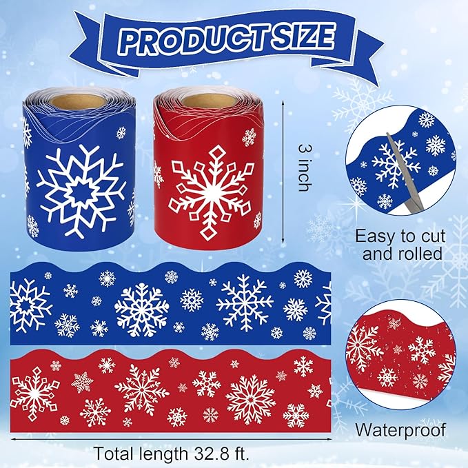 2 Rolls Winter Snowflake Bulletin Board Borders, 65.6 Ft Snowflake Scalloped Border Trim for Winter Christmas Office School Classroom Wall Chalkboard Decor