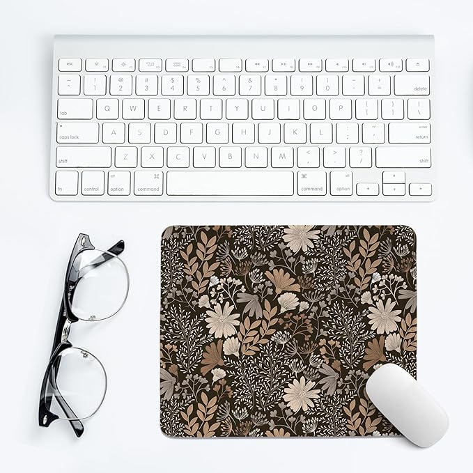 Brown Fall Floral Mouse Pad,Vintage Fall Desk Mat,Girly Black Boho Floral Mouse Pad for Dorm Home Office Desktop Decor,11.8x9.8Inch