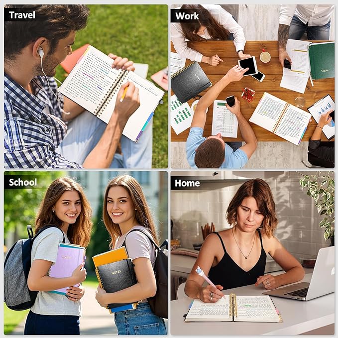 Hardcover Spiral Notebook Journal with Removable PVC Dividers - 8'' x 10'' Large 300 Pages B5 Hardcover Leather Lined Journals Notebook with Tab for Work Note Taking Office Home School Supplies, Black