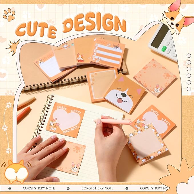 9 Pads Corgi Sticky Notes 3x3 Inch Cute Self Stick Notepads Notes Adhesive Memo Pad Office Decor Gifts for Students School Teacher Meeting Office Supplies