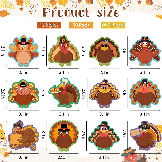 600 Sheets Thanksgiving Turkey Sticky Notes, Self-Adhesive Thanksgiving Notepads Turkey Self Sticky Memo Pads for School Office Fall Harvest Party Favors Supplies