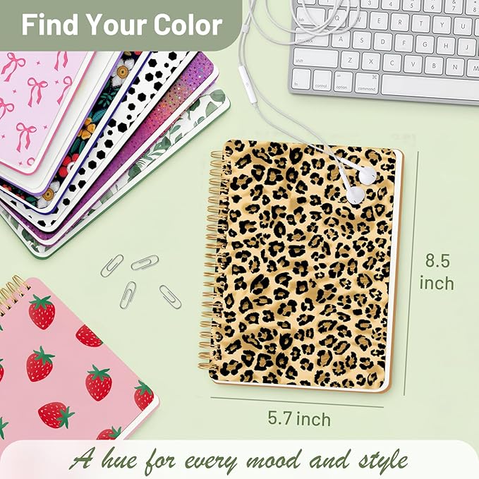 Stanoha Cute Spiral Notebook A5 Journal for Women Girls Kawaii Aesthetic Pretty Floral Design with Pocket, 8.5 x 5.7 inch, Graph, Leopard Print