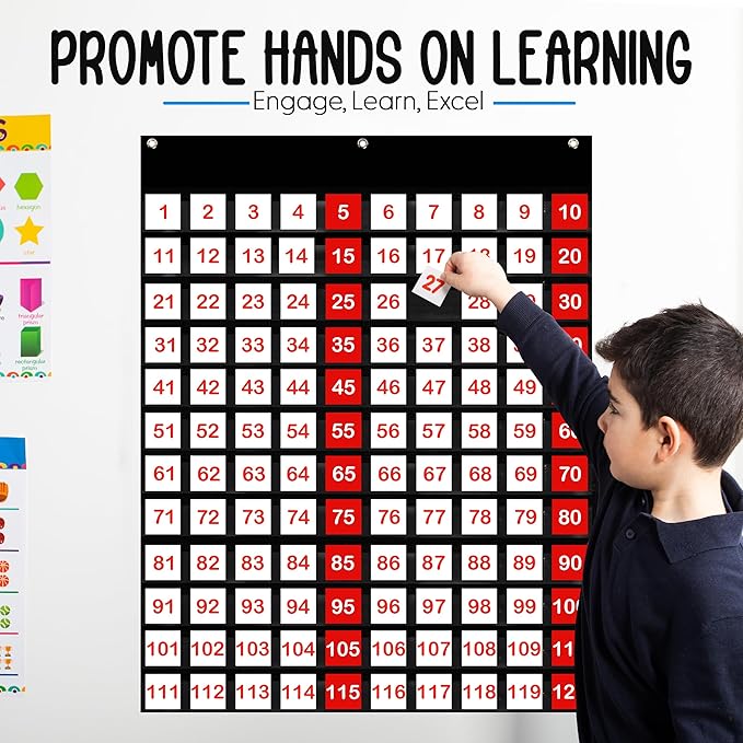 Essex Wares 120 Pocket Chart for Classroom - Hundreds Chart for Classroom for Dynamic Math Education - 1-120 Number Chart for Kids for Wall, 29" Wide x 27.5" Tall Counting Pocket Chart in Black