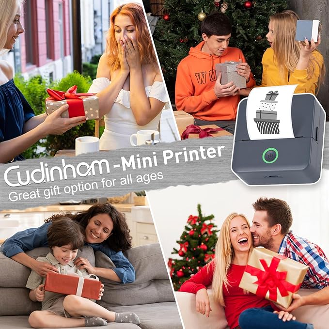 cudinham Print Pods Mini Printer, Sticker Printer with 10 Rolls Thermal Printing Paper, Inkless Pocket Printpod for Phone, Impresora Portátil for Notes, DIY, Compatible with iOS & Android (Grey)
